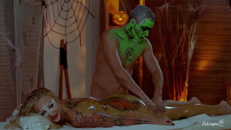 Big-breasted Hungarian blonde slathered in green oil for Halloween-themed romp - Kayla Green